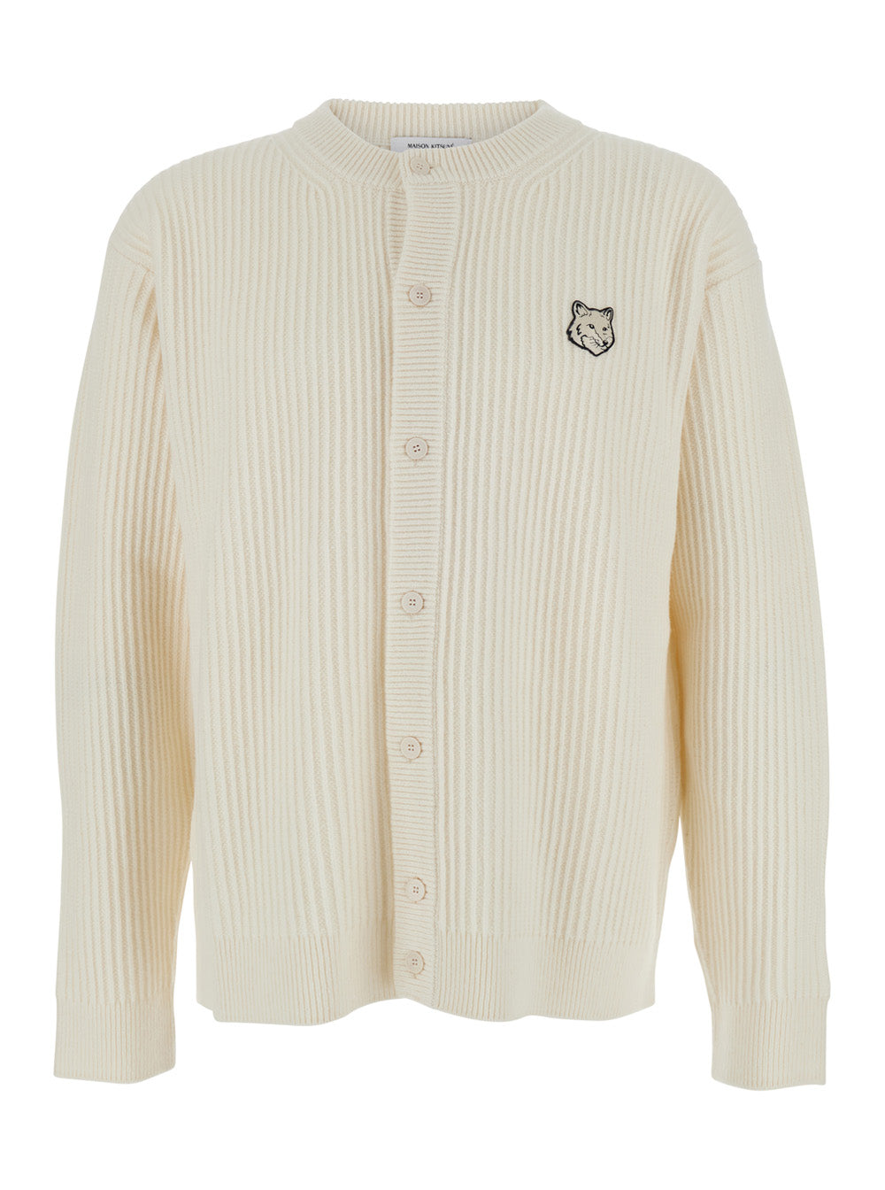 Beige Ribbed Knit Crewneck Cardigan with Logo Embroidery on the Front in Wool Man Merino Jersey