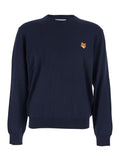 Blue Crew Neck Sweater with Fox Patch on the Front in Wool Man Blu Merinos Extrafine Jersey