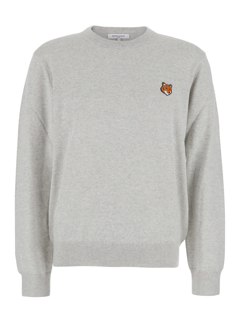 Grey Crew Neck Sweater with Fox Patch on the Front in Wool Man Merinos Extrafine Jersey