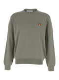 Green Crew Neck Sweater with Fox Patch on the Front in Wool Man Merinos Extrafine Jersey