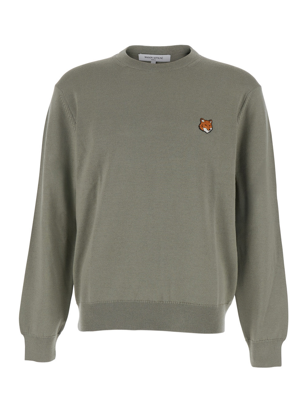 Green Crew Neck Sweater with Fox Patch on the Front in Wool Man Merinos Extrafine Jersey