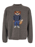 Grey Crewneck Sweater with Logo Embroidery on the Front in Wool Blend Man Jersey