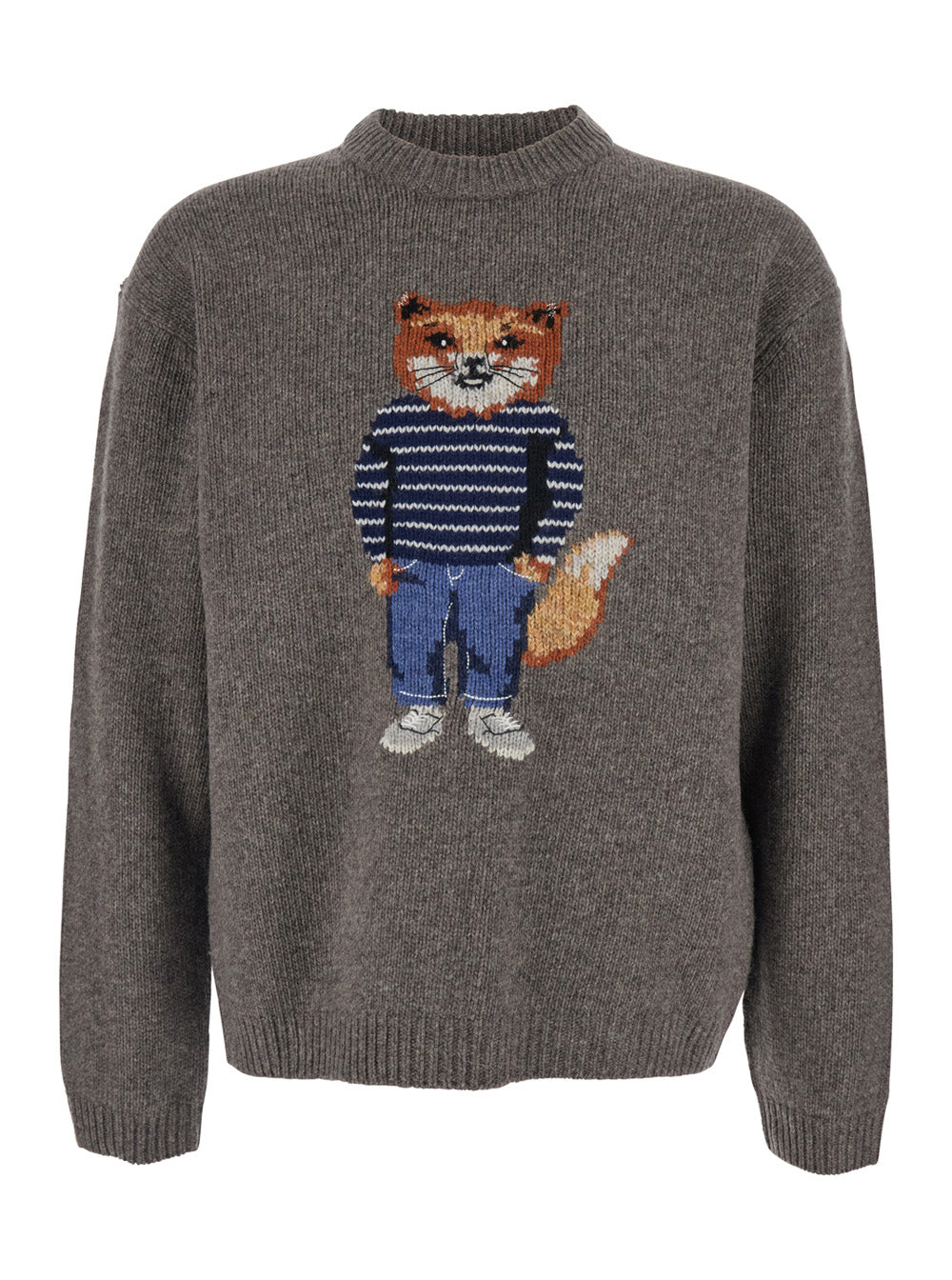Grey Crewneck Sweater with Logo Embroidery on the Front in Wool Blend Man Jersey