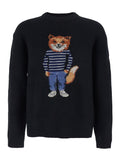Black Crewneck Sweater with Logo Embroidery on the Front in Wool Blend Man Jersey