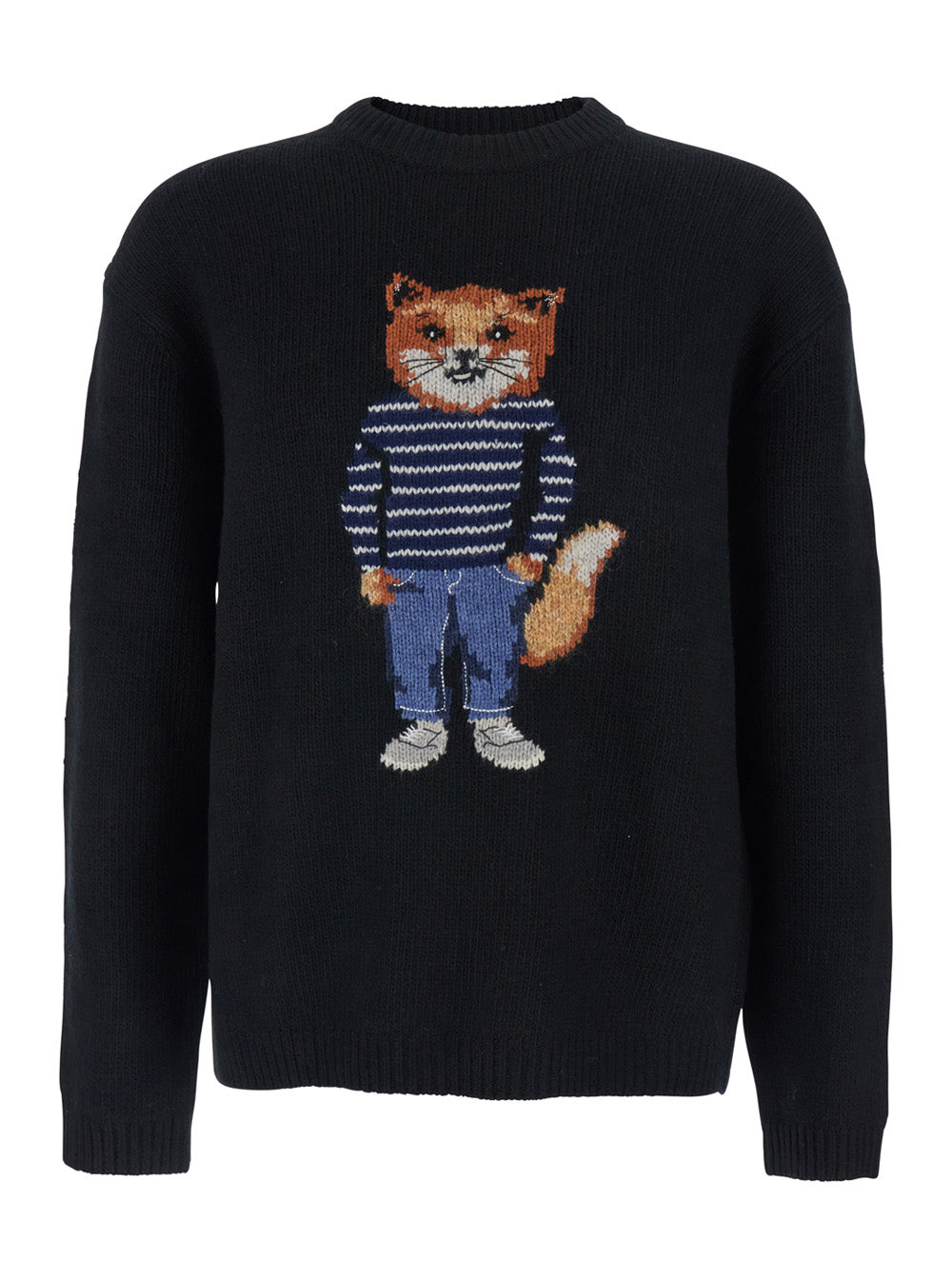 Black Crewneck Sweater with Logo Embroidery on the Front in Wool Blend Man Jersey