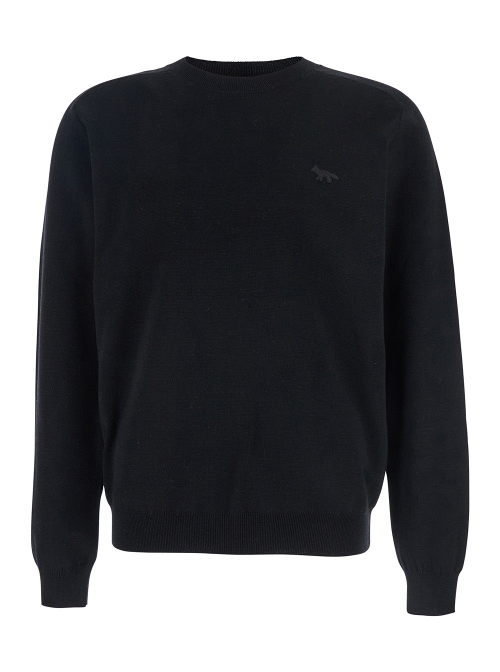 Black Crew Neck Sweater with Fox Patch on the Front in Wool Man Merinos Extrafine Jersey