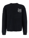 Black Crewneck Sweater with Dropped Shoulders and Logo Embroidery on the Front in Wool Man Merinos Extrafine Jersey