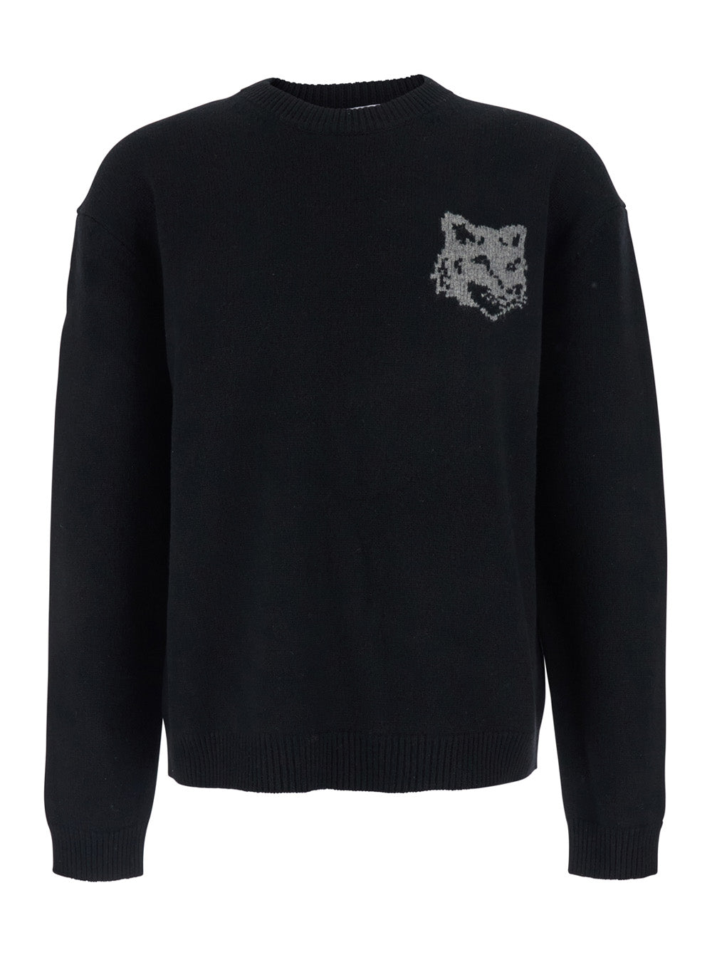Black Crewneck Sweater with Dropped Shoulders and Logo Embroidery on the Front in Wool Man Merinos Extrafine Jersey