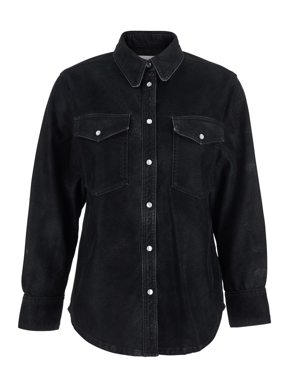 Karima Black Shirt with Classic Collar and Two Front Patch Pockets in Fabric Woman Blouses