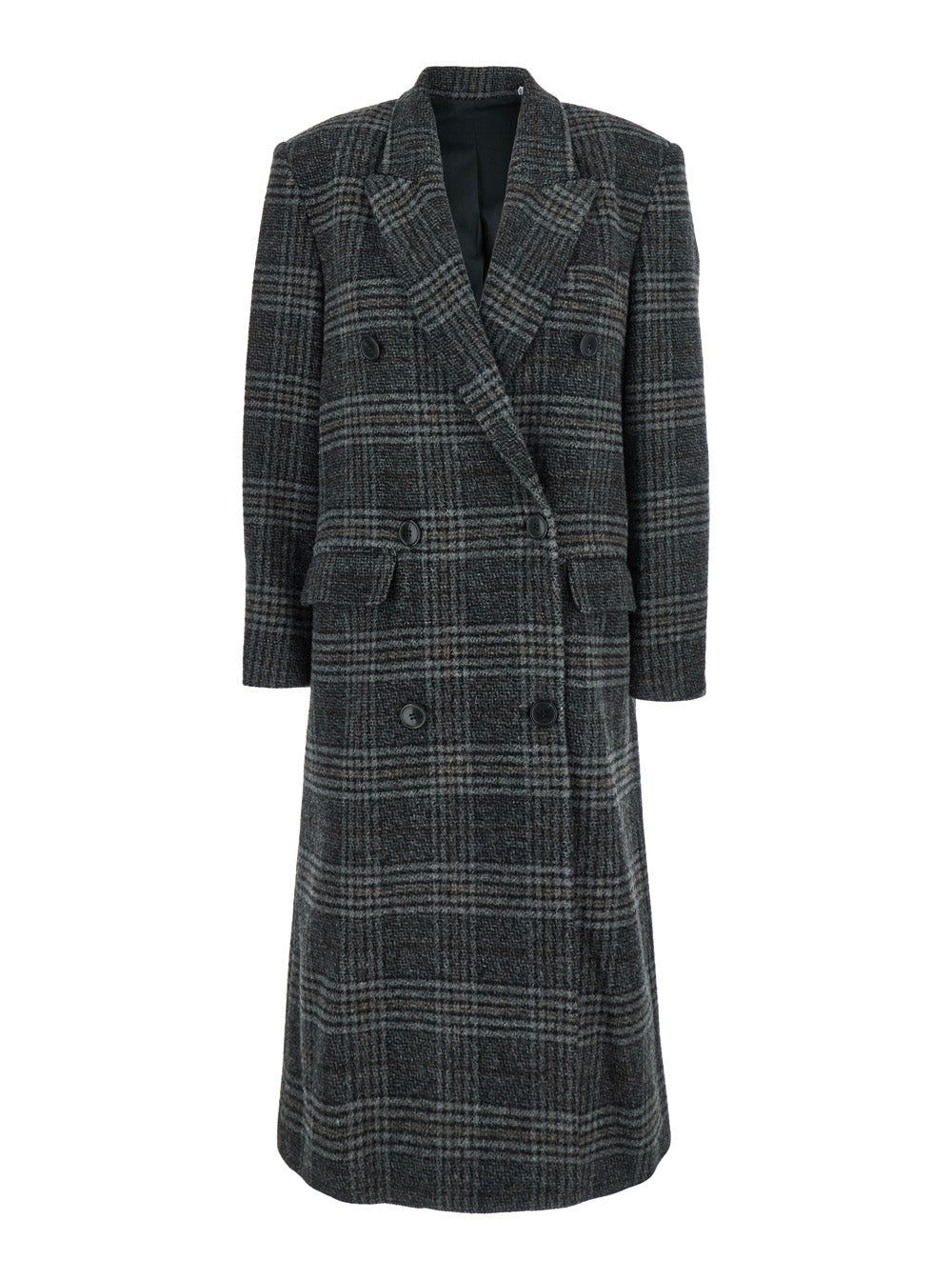Lexana Grey Double-Breasted Coat with Peak Revers and All-Over Check Motif in Wool Woman Outerwear
