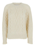 White Crew Neck Sweater with Braided Design in Wool Woman Jersey