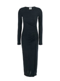 Jelina Black Midi Dress with Round Neck and Ruched Details in Modal Stretch Woman Elastan