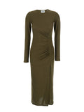 Jelina Green Midi Dress with Round Neck and Ruched Details in Modal Stretch Woman Elastan