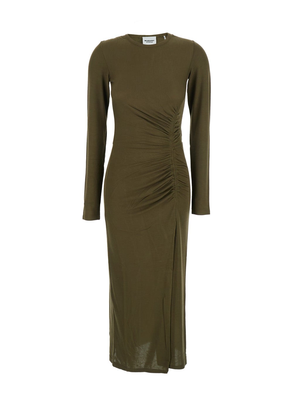 Jelina Green Midi Dress with Round Neck and Ruched Details in Modal Stretch Woman Elastan
