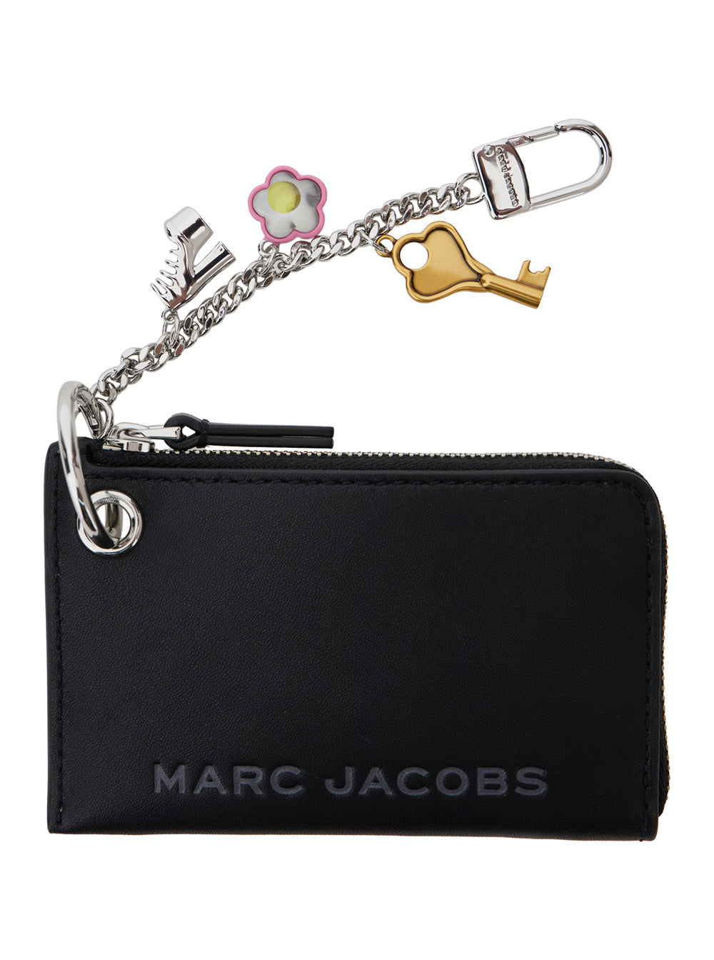 The Coin Purse Charm Black Keychain with Logo Lettering on Front and Embellishments in Grained Leather Woman Calf Products