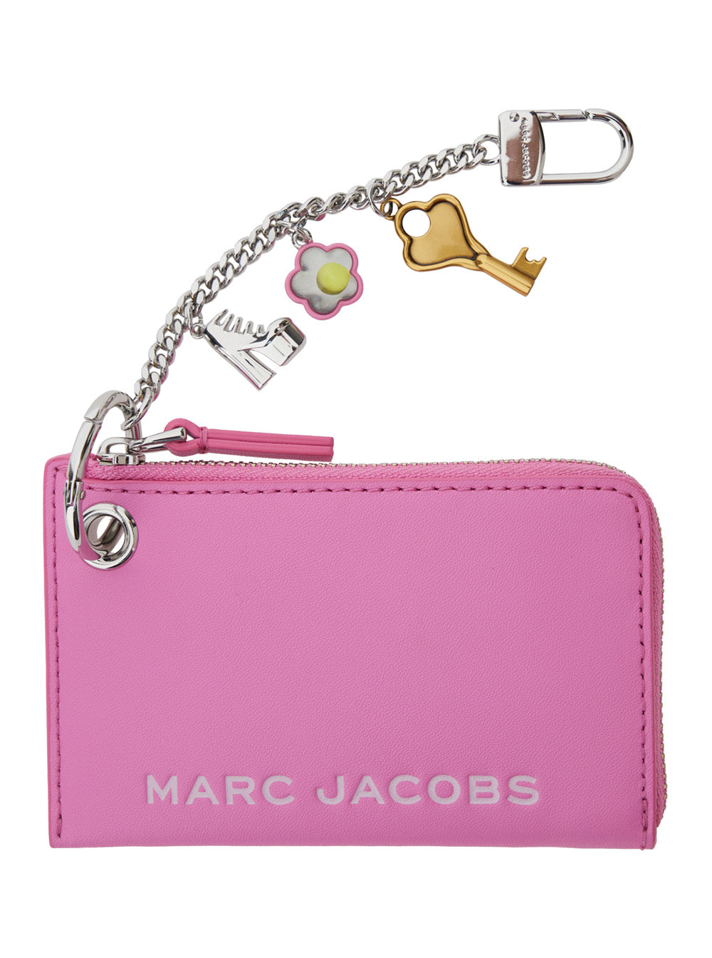 The Coin Purse Charm Pink Keychain with Logo Lettering on Front and Embellishments in Grained Leather Woman Products