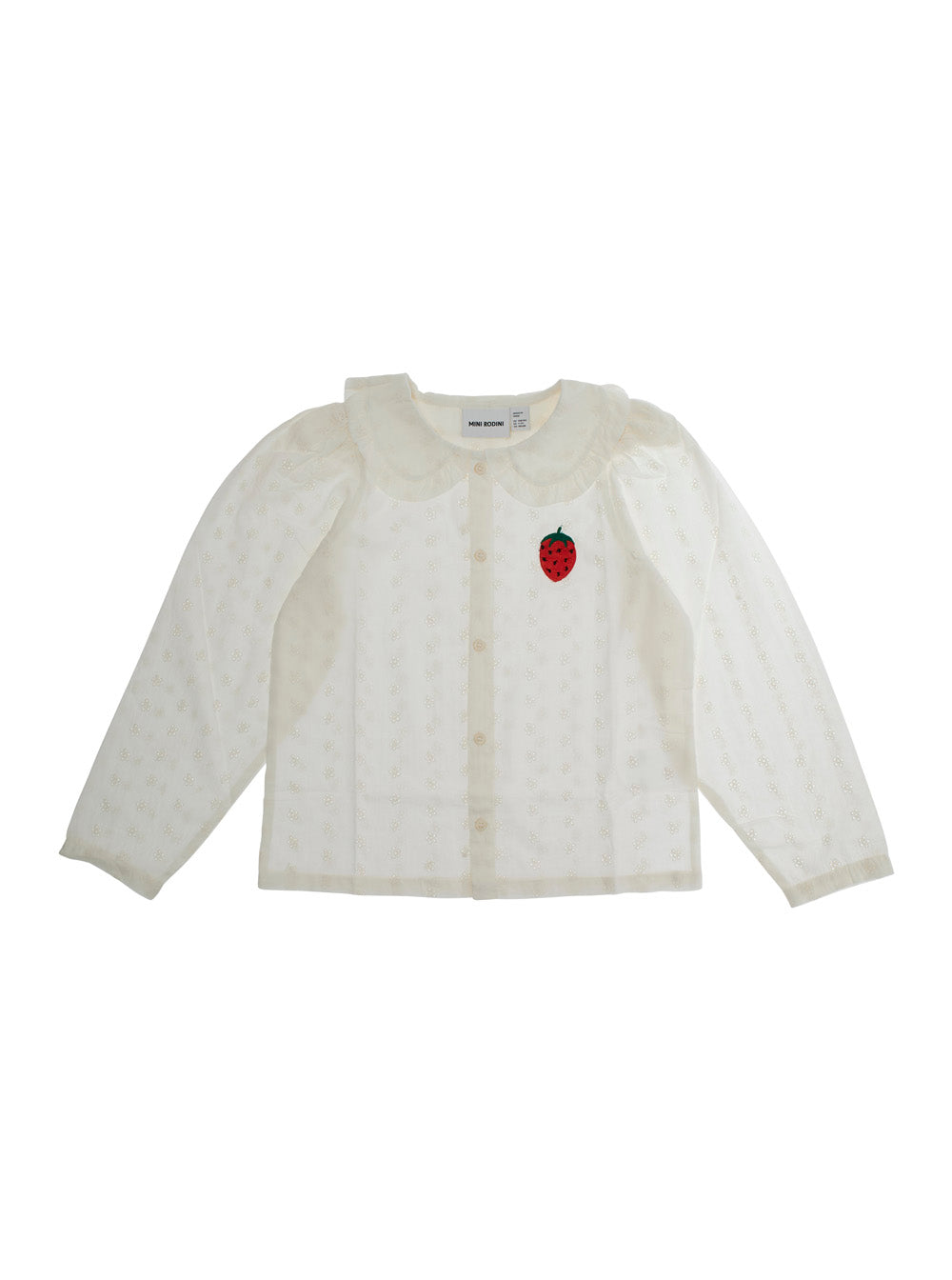 White Shirt with Peter Pan Collar and Strawberry Embroidery in Cotton Girl Blouses
