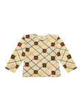 Beige Long-Sleeve T-Shirt with All-Over Check Motif and Bear Print in Cotton Girl Elastane Jersey