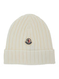 White Ribbed Knit Beanie with Logo Patch on the Front in Wool Baby Virgin Hats And Gloves