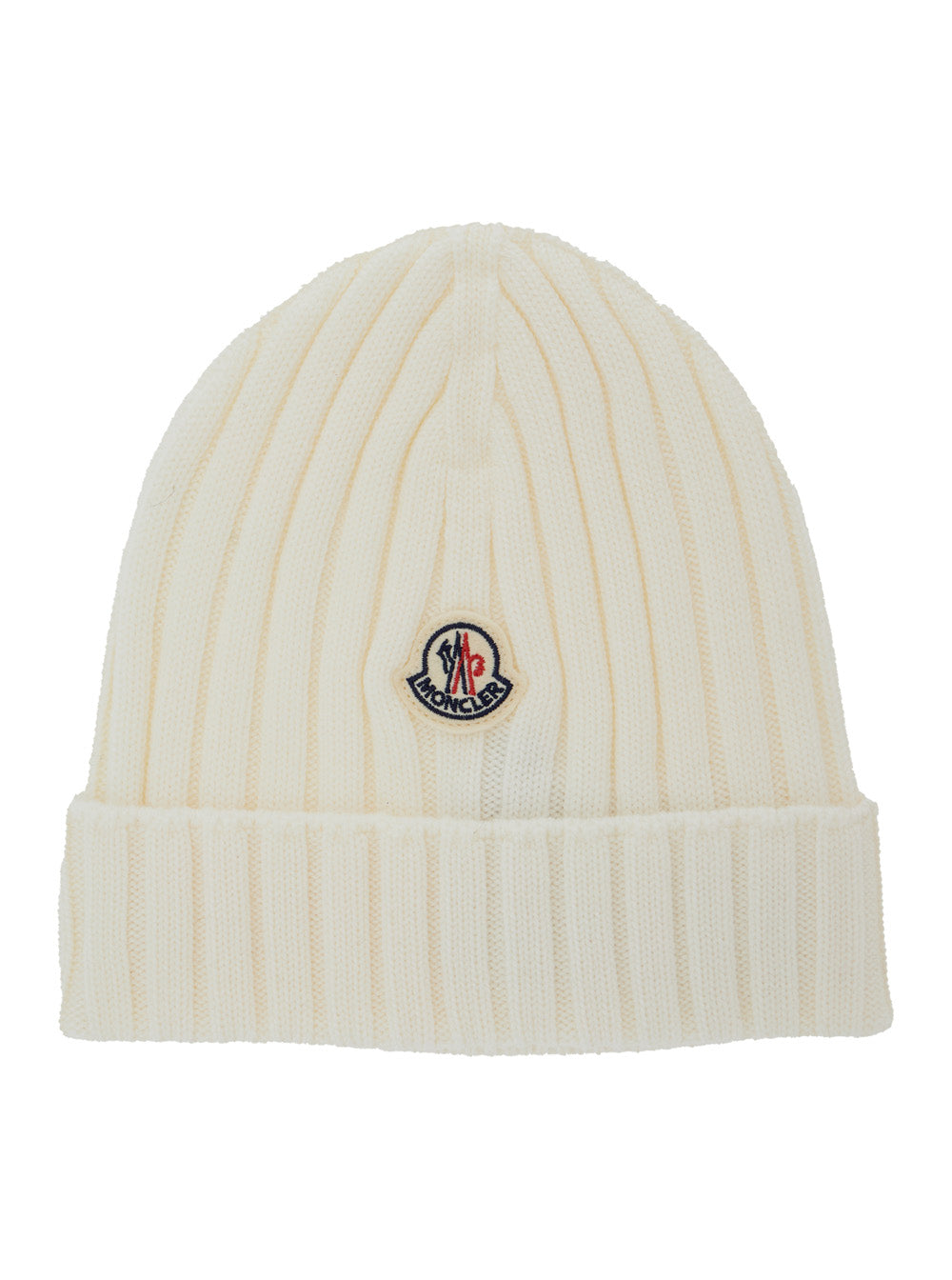 White Ribbed Knit Beanie with Logo Patch on the Front in Wool Baby Virgin Hats And Gloves