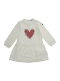White Crewneck Dress with Heart Print on the Front and Logo Patch Sleeve in Cotton Stretch Baby Elastane