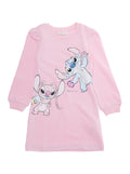 Pink Crew Neck Dress With Stitch Print On The Front Cotton Girl
