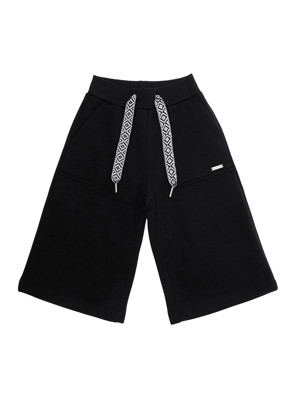 Black Shorts with Elasticated Waist Drawstring and Logo Plaque on the Front in Cotton Girl Trousers