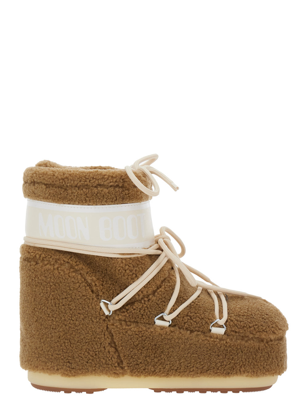 Icon Brown Snow Ankle Boots with Maxi Logo Print on the Side in Fleece Woman Beige Acrilyc Polyester Pvc