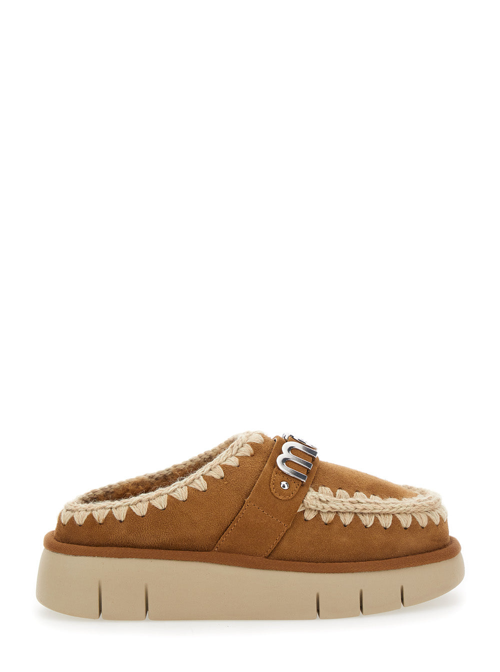 Bounce Beige Mules with Logo Lettering and Open Rear in Leather Woman Brown Sheep Flat Shoes