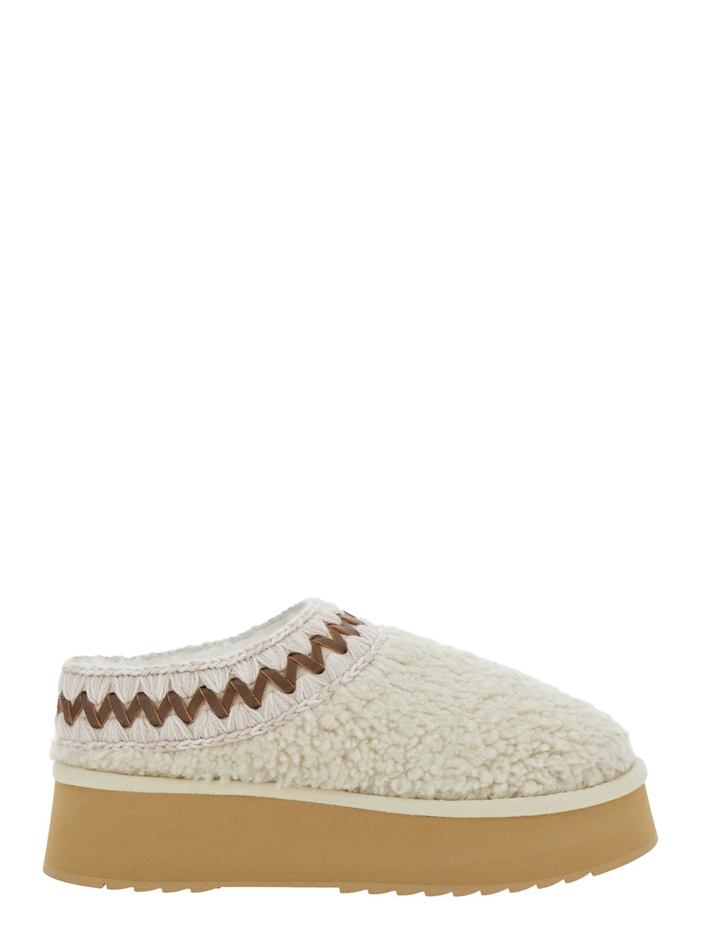 White Mules with Braided Detail in Faux Fur Woman Sheep Flat Shoes