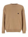 Beige Crew Neck Sweater with Front Logo in Wool Man Merino Cashmere Jersey
