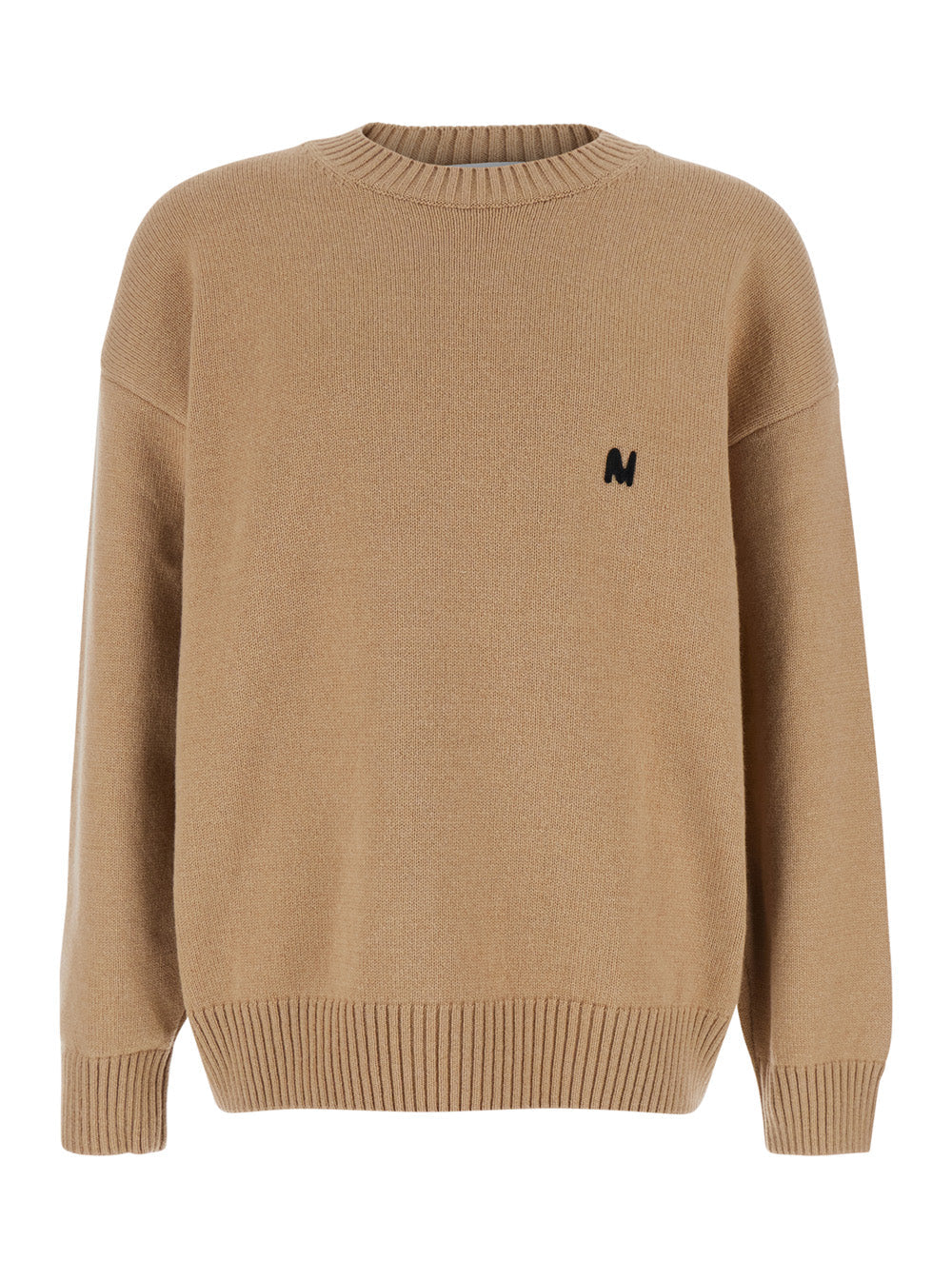 Beige Crew Neck Sweater with Front Logo in Wool Man Merino Cashmere Jersey