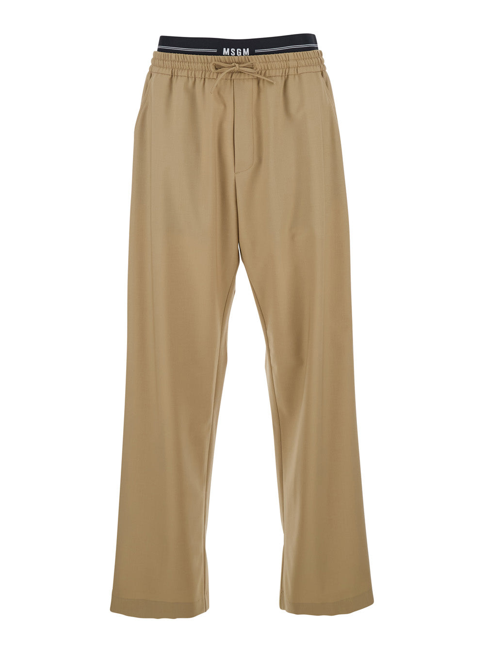 Beige Pants with Elastic Drawstring Waist in Wool Stretch Man Virgin Elastane Trousers