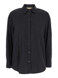 Black Shirt with Button-Down Collar and One Front Patch Pocket in Cotton Stretch Woman Organic Elastane Blouses