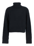 Black Turtleneck Cropped Sweater with Logo Plaque on the Rear in Wool Woman Merino Jersey
