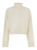 White Turtleneck Cropped Sweater with Logo Plaque on the Rear in Wool Woman Merino Jersey