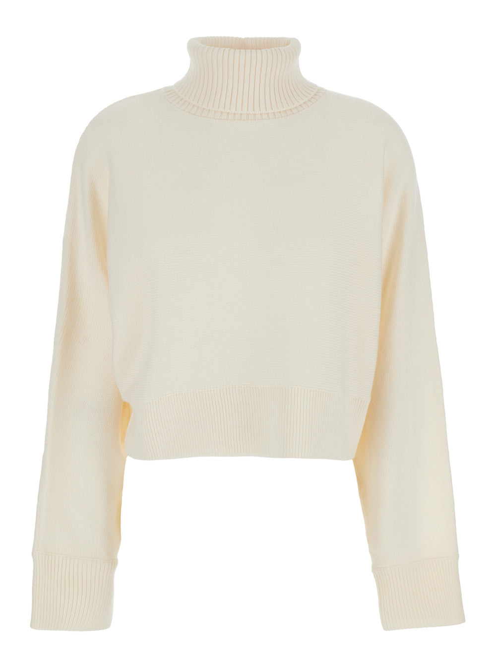 White Turtleneck Cropped Sweater with Logo Plaque on the Rear in Wool Woman Merino Jersey