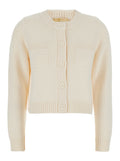White Crewneck Cardigan with Ribbed Trims in Wool Woman Merino Jersey