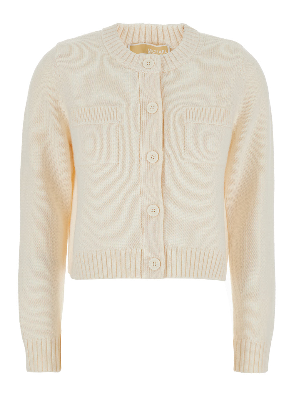 White Crewneck Cardigan with Ribbed Trims in Wool Woman Merino Jersey