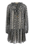 Grey Crewneck Mini Dress with Long Puffed Sleeves and All-Over Snakeskin Print in Tech Fabric Woman Recycled Polyester
