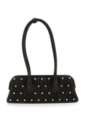 Boat Wide Mini Brown Shoulder Bag with Round Handles and Beaded Embellishment in Suede Woman Cow