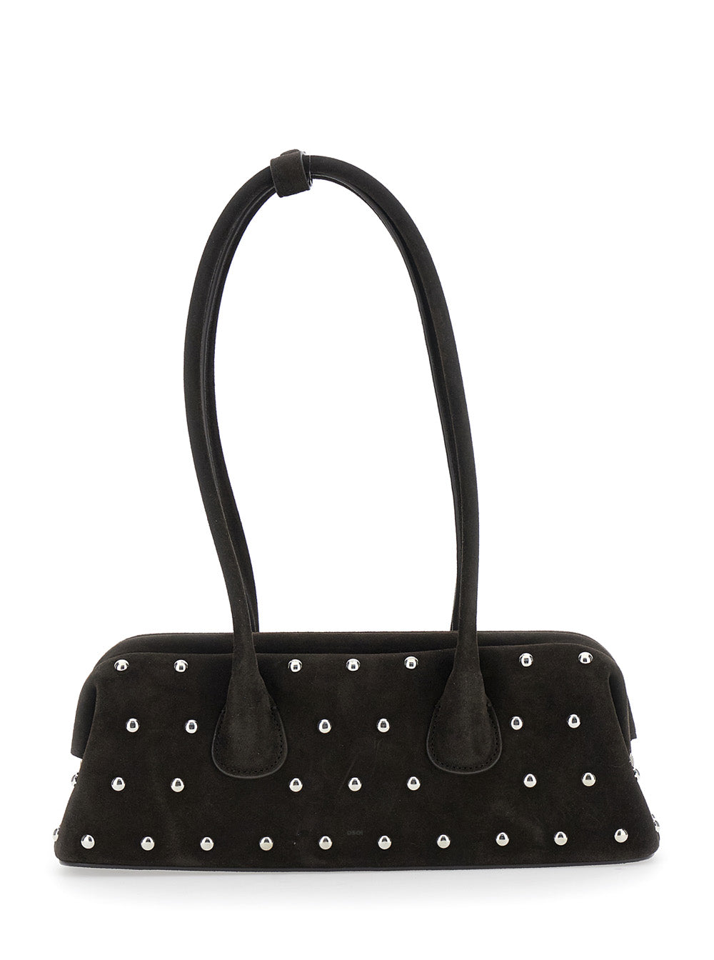 Boat Wide Mini Brown Shoulder Bag with Round Handles and Beaded Embellishment in Suede Woman Cow