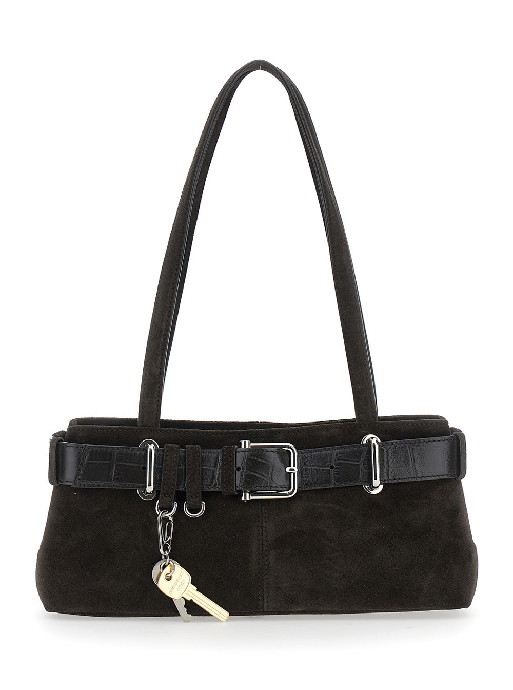 Brocle Brown Shoulder Bag with Belt and Pendant Key Details in Suede Woman Cow