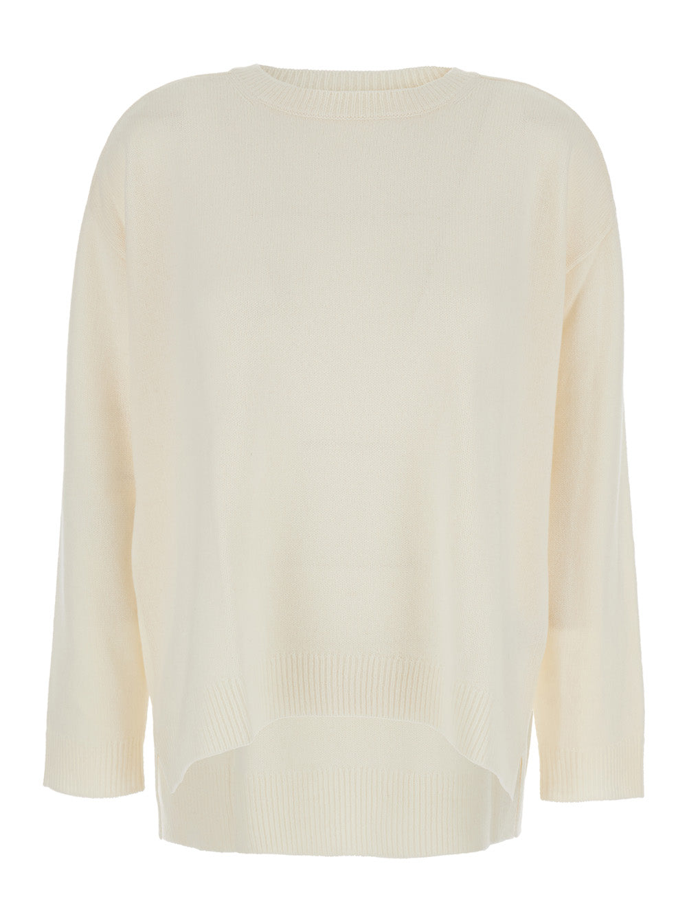 White Crewneck Sweater with Asymmetric Hem in Wool and Cashmere Woman Jersey