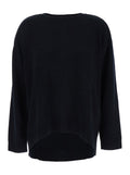 Black Crewneck Sweater with Asymmetric Hem in Wool and Cashmere Woman Jersey