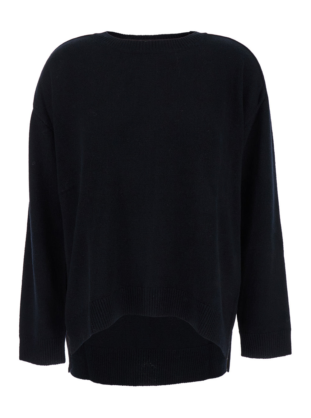 Black Crewneck Sweater with Asymmetric Hem in Wool and Cashmere Woman Jersey