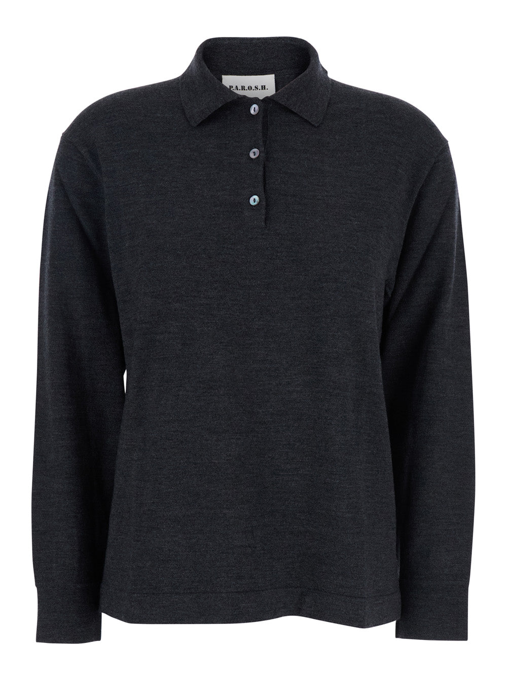 Grey Polo Shirt with Classic Collar and Long Sleeves in Wool Woman Kashmir Elastane Tshirts