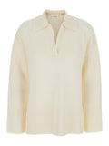 White Sweater with Polo Shirt Style Collar and Dropped Shoulder in Wool Cashmere Woman Jersey