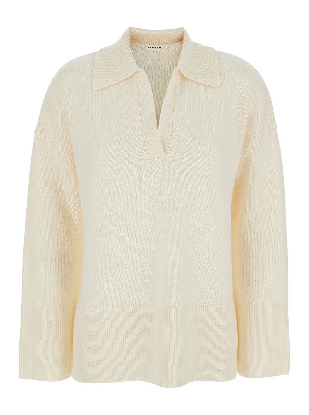 White Sweater with Polo Shirt Style Collar and Dropped Shoulder in Wool Cashmere Woman Jersey