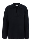 Black Sweater with Polo Shirt Style Collar and Dropped Shoulder in Wool Cashmere Woman Jersey